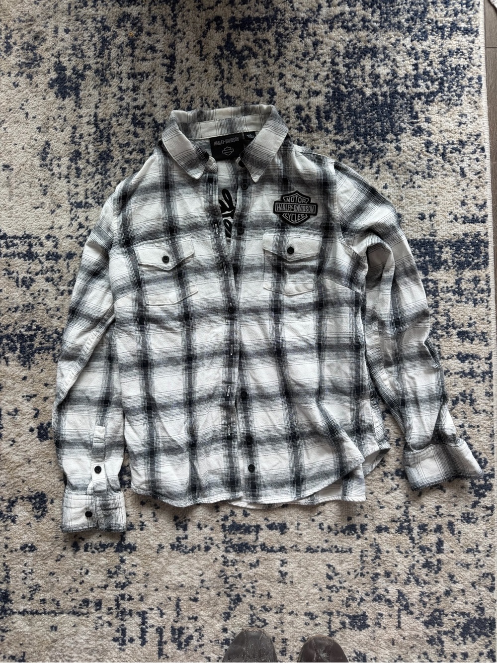 Harley-Davidson Black and White Plaid Button-Down Shirt with Logo Patch